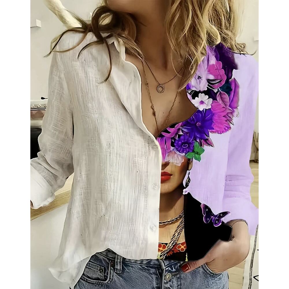 NEW Frida Kahlo Women’s Button Down Shirt Purple Floral Lightweight Blouse Top M
